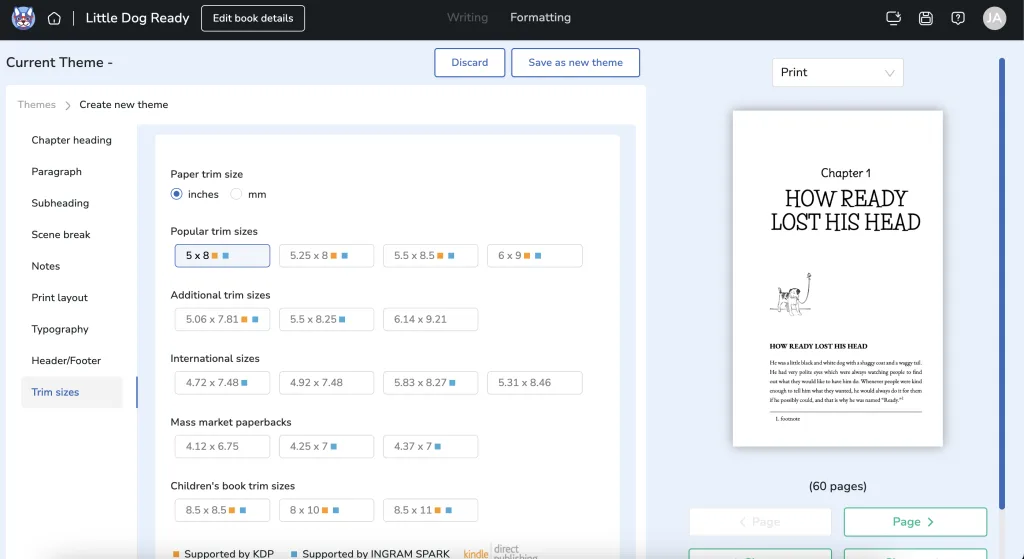 Atticus book formatting software showing theme options and a live print preview of a chapter page