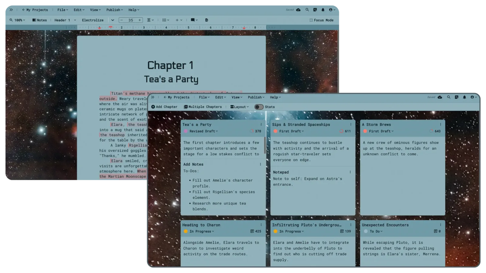 Campfire writing software showing the manuscript editor and story board with chapter cards and draft statuses