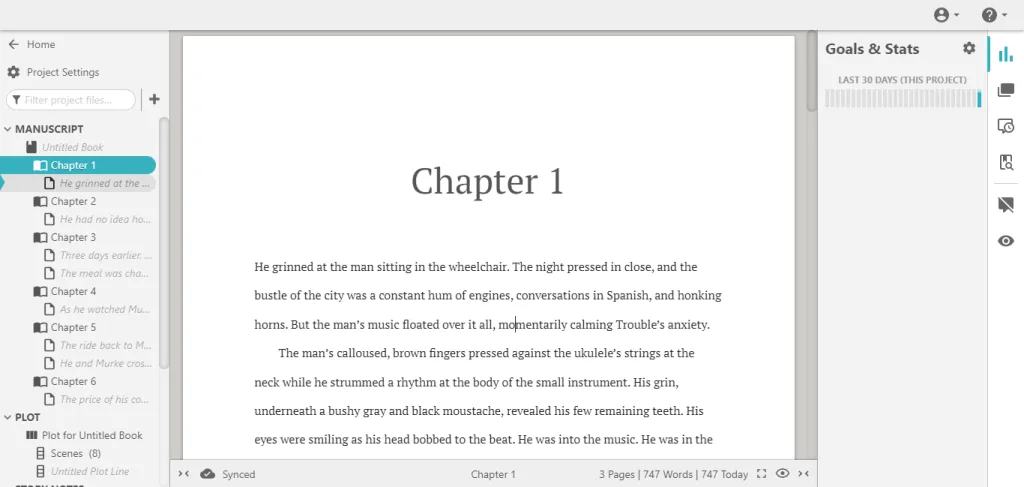 Dabble writing app interface with chapter sidebar, manuscript editor, and goals and stats panel