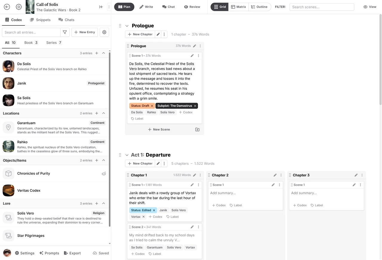 Novelcrafter writing app Plan view with codex sidebar, acts, chapters, and scene cards