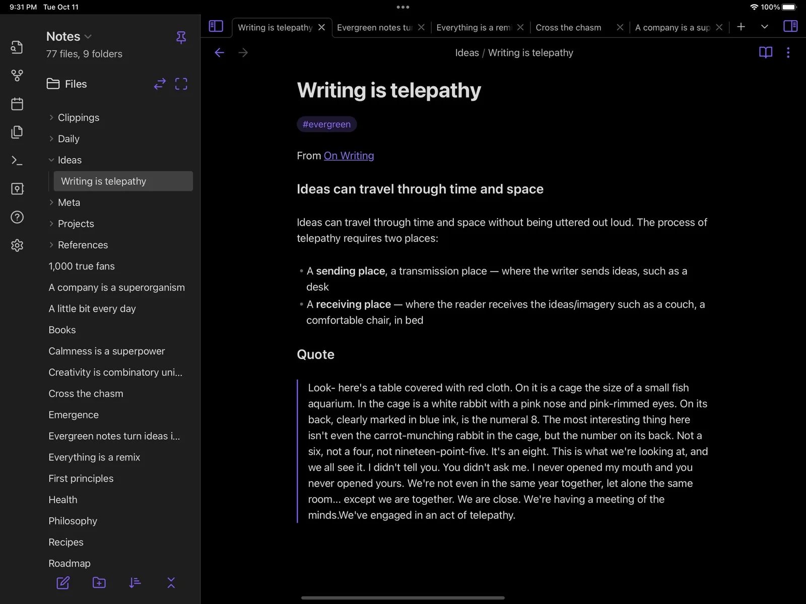 Obsidian app with a notes vault open, showing folders, Markdown notes, and internal links