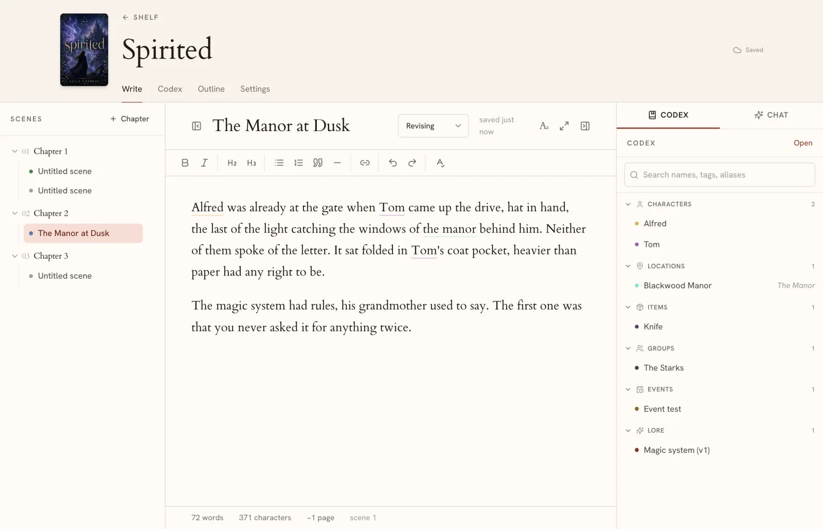 Penflow novel writing app interface showing the Write room with manuscript editor, scene list, and codex panel