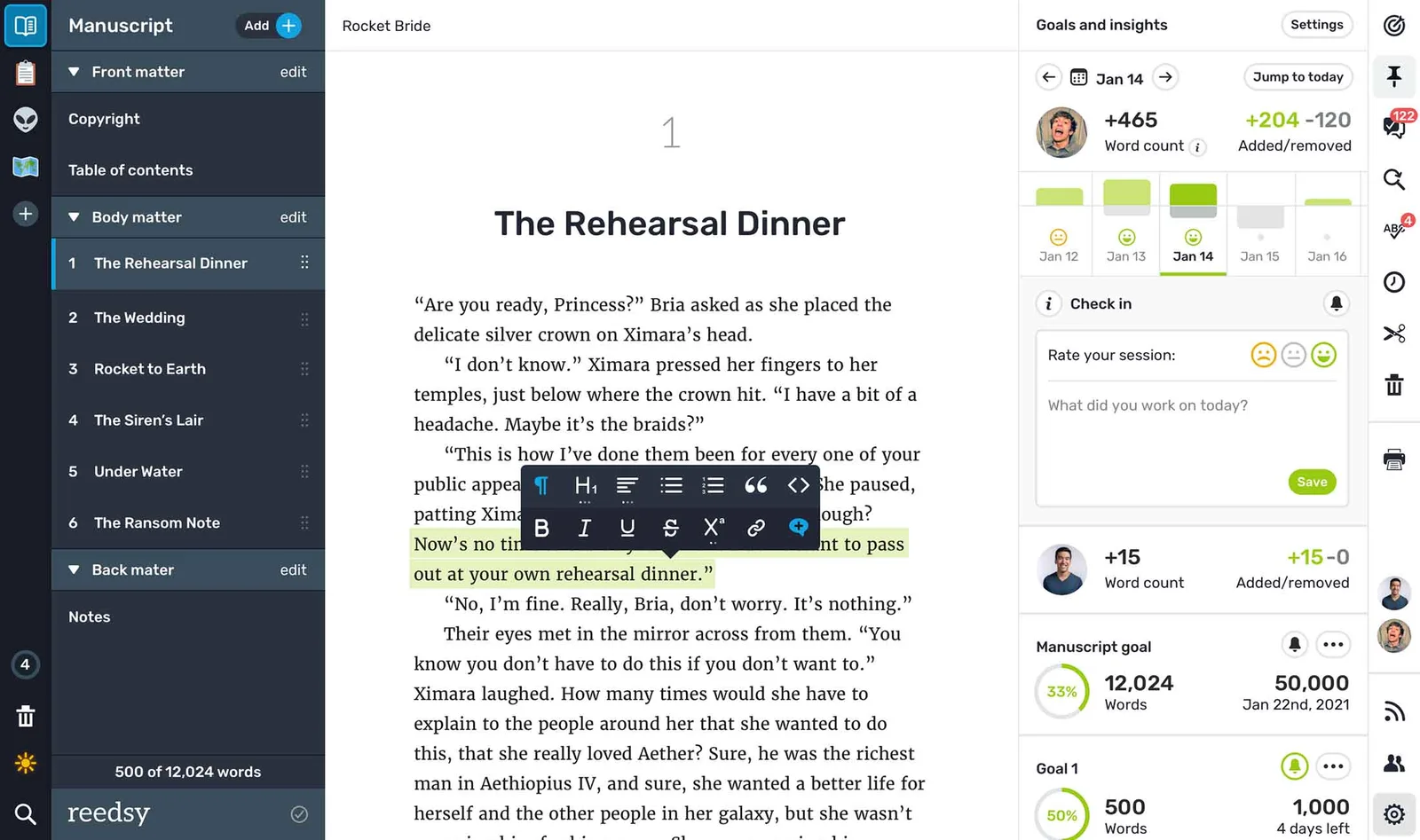 Reedsy Studio manuscript editor with chapter sidebar, formatting toolbar, and word count goals panel