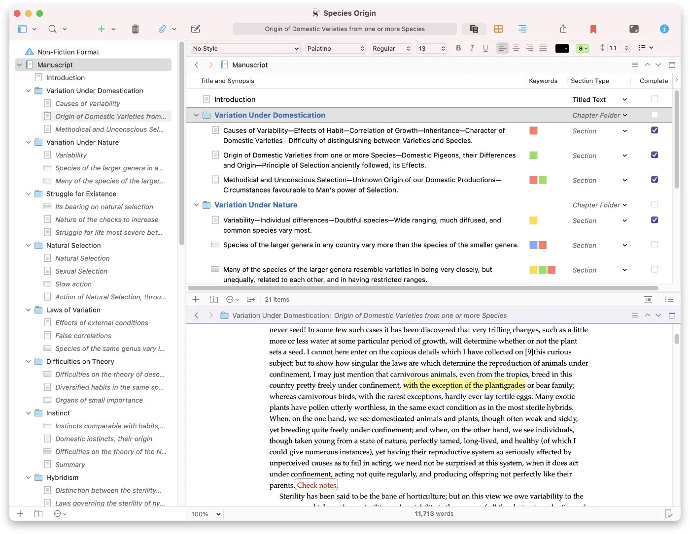 Scrivener novel writing software on Mac showing the binder sidebar, outliner view, and manuscript editor