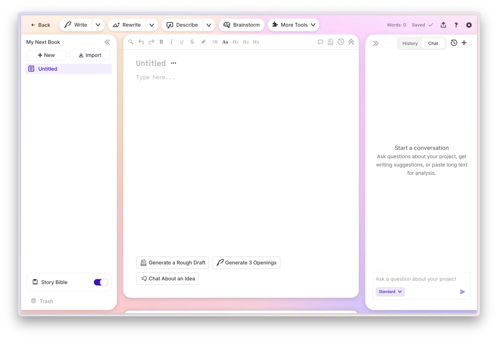 Sudowrite AI writing app interface with Write, Rewrite, Describe and Brainstorm tools and a chat panel