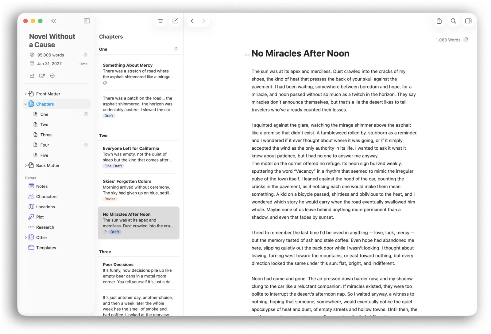 Ulysses writing app on Mac with chapter library, sheet list, and manuscript writing pane